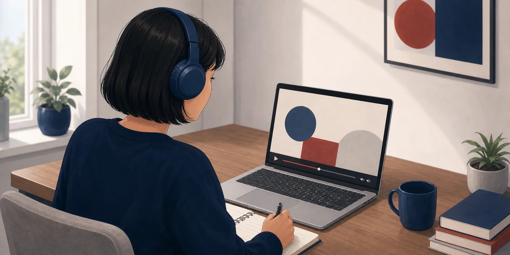 Korean learner wearing headphones and watching a listening-practice video on a laptop