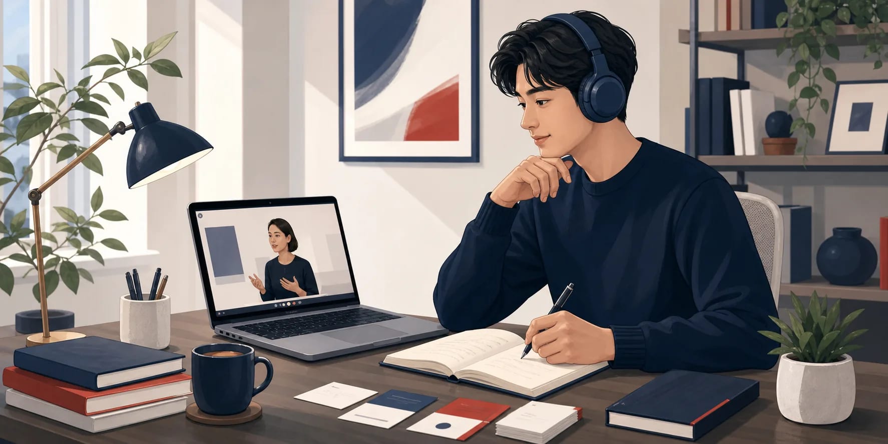 Korean learner wearing headphones, watching a video lesson on a laptop, and taking notes