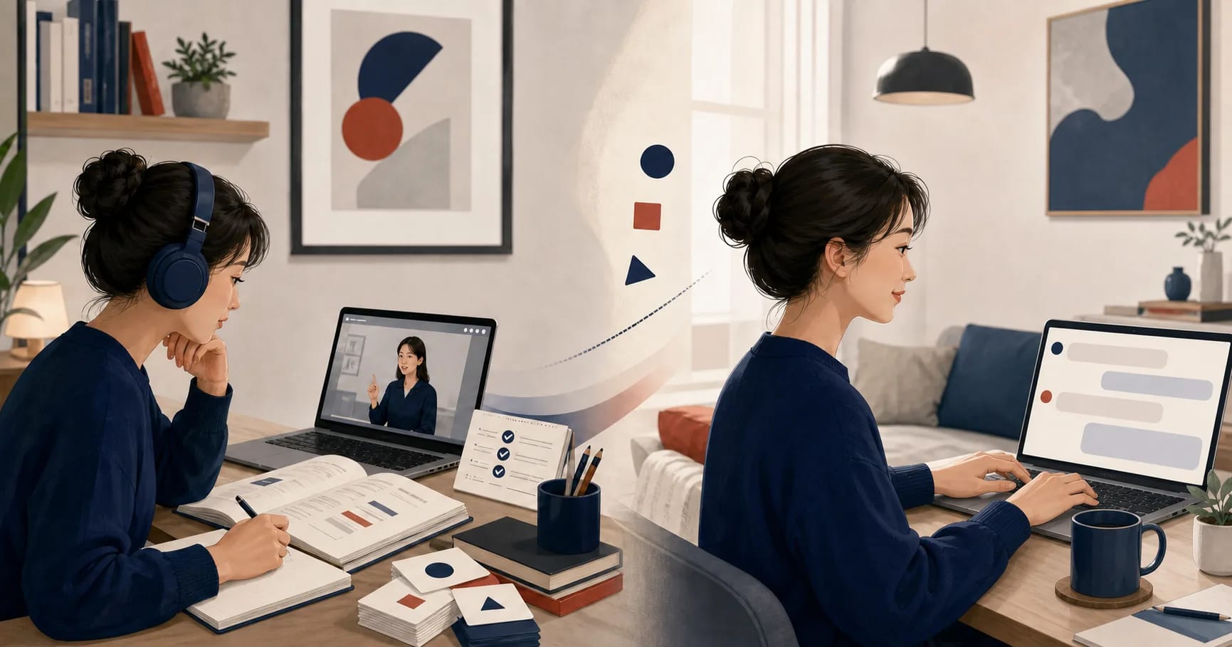 Split illustration of a Korean learner taking notes during a video lesson, then continuing with a written chat on a laptop