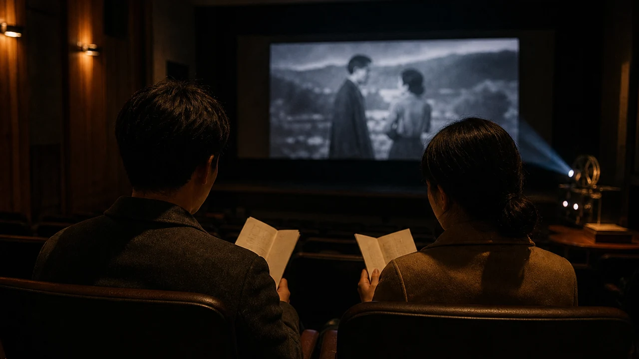Two adult viewers holding program sheets in a dim arthouse cinema, facing an old film on screen.