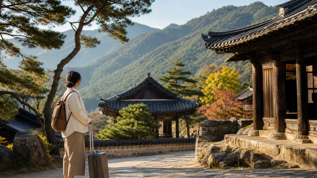 An adult visitor with a small suitcase standing quietly in a mountain temple courtyard.