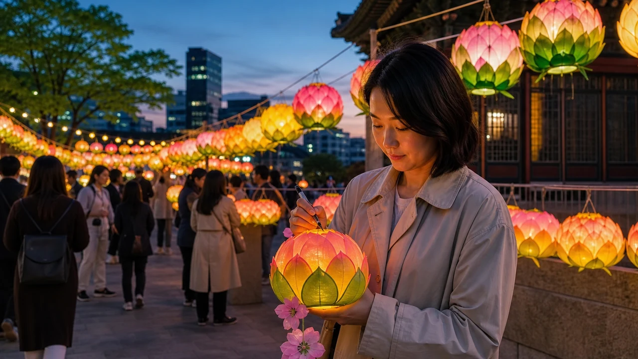 An adult writing a Korean wish on a small lotus lantern in a lantern-lit street at dusk.